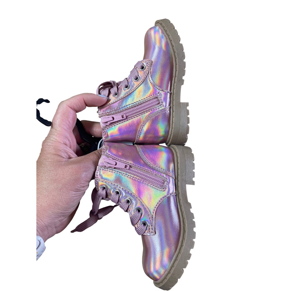Old Navy Kids Pink Iridescent Holographic Lace Up Side Zip Combat Boots Size 6 - Picture 7 of 12
